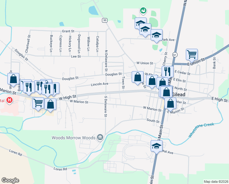 map of restaurants, bars, coffee shops, grocery stores, and more near 210 West High Street in Mount Gilead