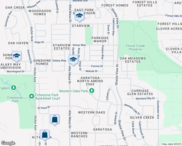 map of restaurants, bars, coffee shops, grocery stores, and more near 2351 Nebula St in Redding