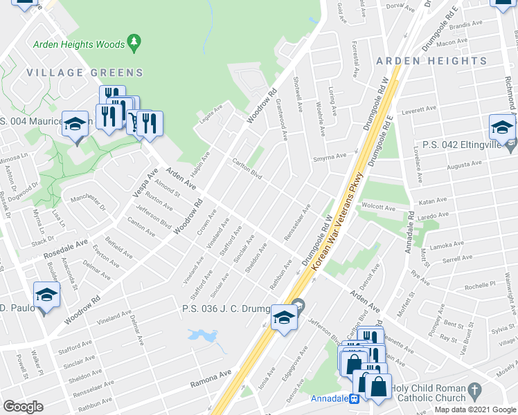 map of restaurants, bars, coffee shops, grocery stores, and more near 67 Sinclair Avenue in Staten Island