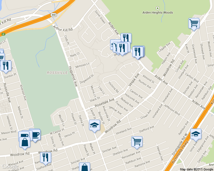 map of restaurants, bars, coffee shops, grocery stores, and more near 127 Green Valley Road in Staten Island
