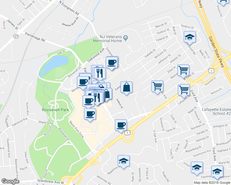 map of restaurants, bars, coffee shops, grocery stores, and more near 199 Evergreen Road in Edison