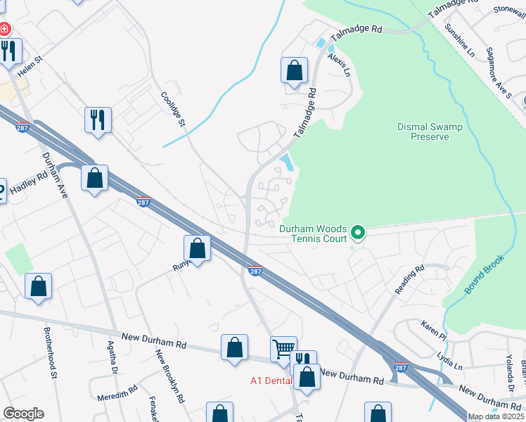 map of restaurants, bars, coffee shops, grocery stores, and more near 105 Kelly Drive in Edison