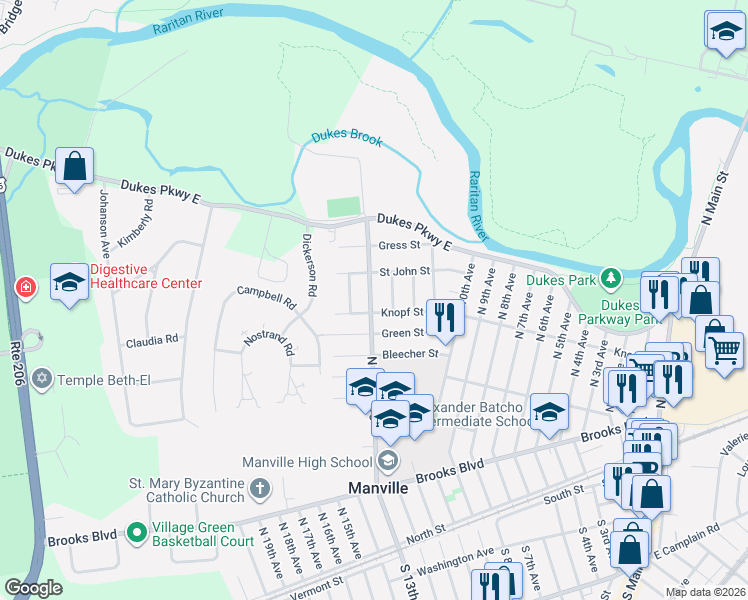 map of restaurants, bars, coffee shops, grocery stores, and more near 309 North 13th Avenue in Manville
