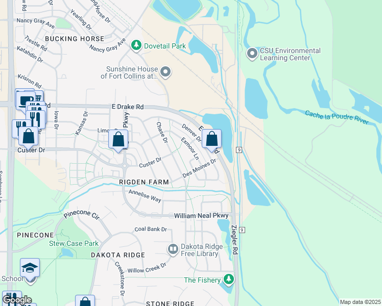 map of restaurants, bars, coffee shops, grocery stores, and more near 2791 Exmoor Lane in Fort Collins