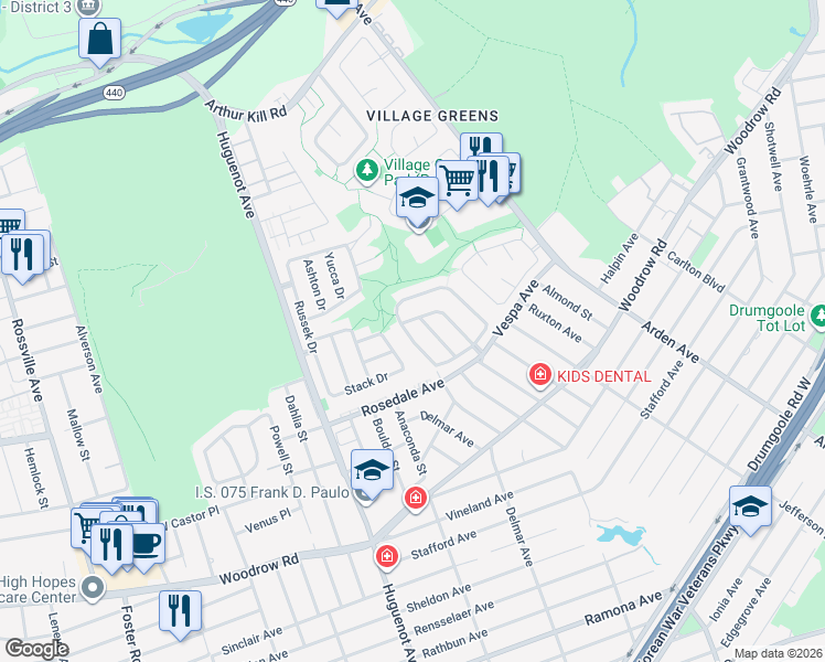 map of restaurants, bars, coffee shops, grocery stores, and more near 127 Green Valley Road in Staten Island