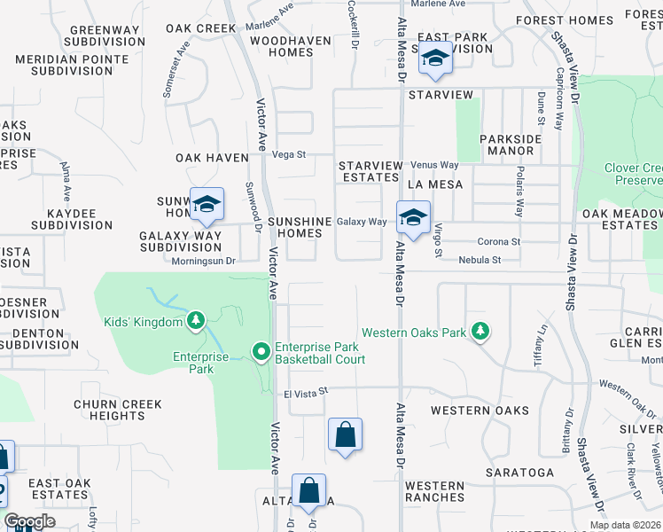 map of restaurants, bars, coffee shops, grocery stores, and more near 3993 Cirrus Street in Redding
