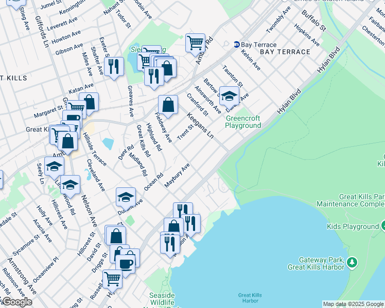 map of restaurants, bars, coffee shops, grocery stores, and more near 217 Maybury Ave in Staten Island