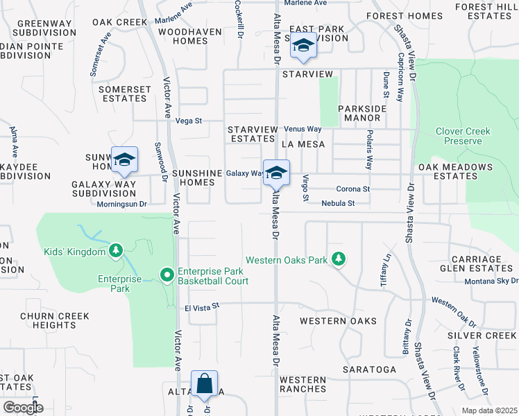 map of restaurants, bars, coffee shops, grocery stores, and more near 2133 Martian Way in Redding