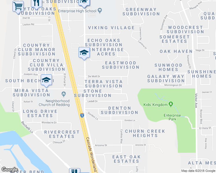 map of restaurants, bars, coffee shops, grocery stores, and more near 1069 Monterra Lane in Redding