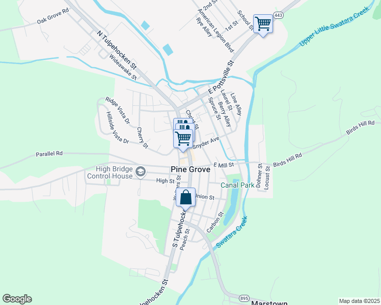 map of restaurants, bars, coffee shops, grocery stores, and more near 129 South Tulpehocken Street in Pine Grove
