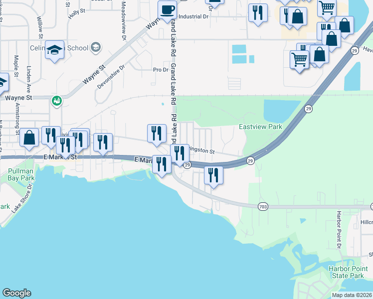map of restaurants, bars, coffee shops, grocery stores, and more near 130 Hamilton Street in Celina