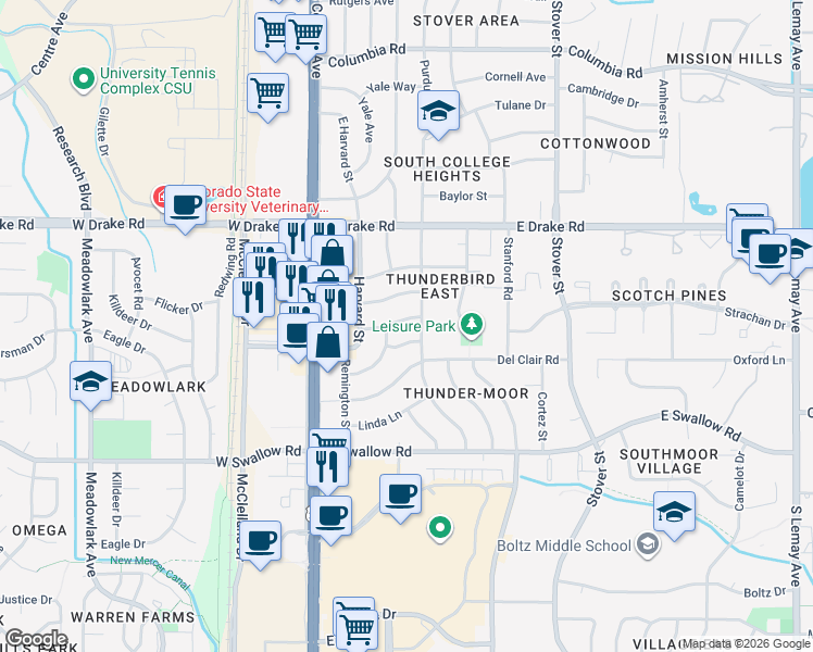 map of restaurants, bars, coffee shops, grocery stores, and more near 309 Mae Street in Fort Collins