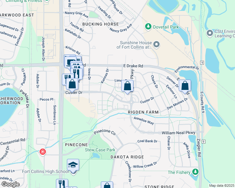 map of restaurants, bars, coffee shops, grocery stores, and more near 13 Willow Tree Lane in Fort Collins