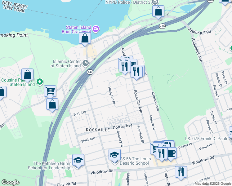 map of restaurants, bars, coffee shops, grocery stores, and more near 52 Cypress Loop in Staten Island