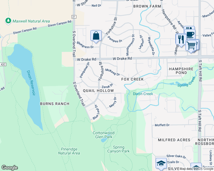 map of restaurants, bars, coffee shops, grocery stores, and more near 2824 Zendt Drive in Fort Collins