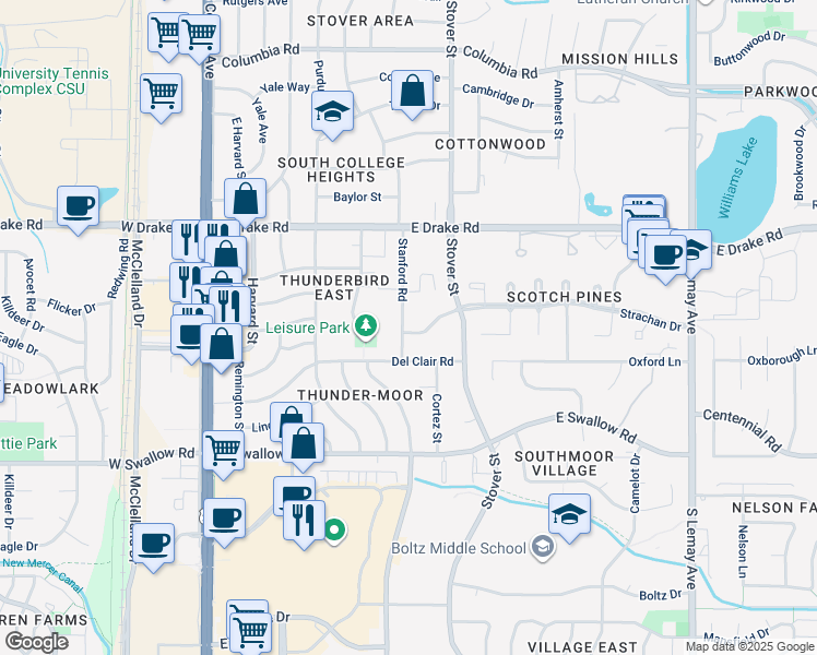 map of restaurants, bars, coffee shops, grocery stores, and more near 502 Strachan Drive in Fort Collins