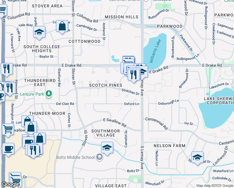 map of restaurants, bars, coffee shops, grocery stores, and more near 2813 Edinburgh Court in Fort Collins