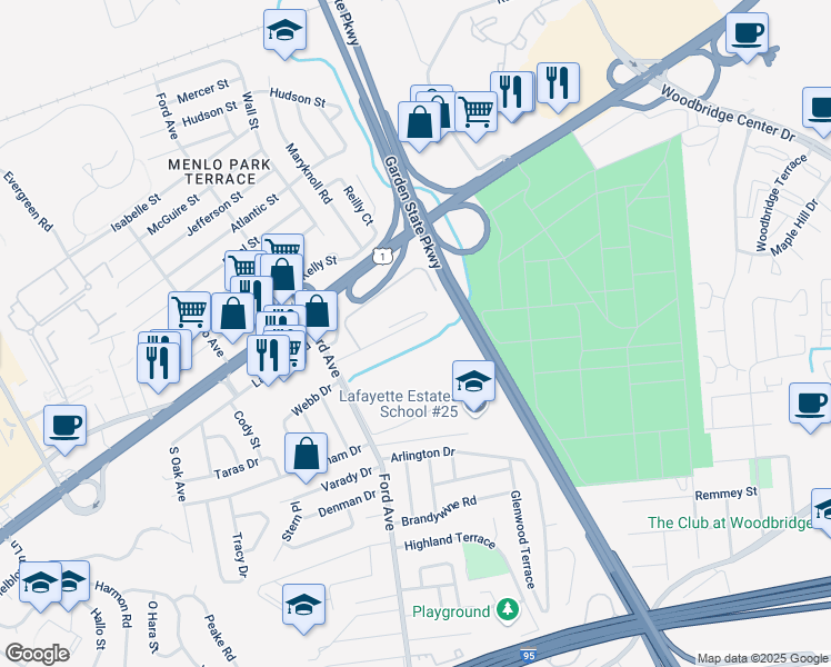 map of restaurants, bars, coffee shops, grocery stores, and more near 12 Wisteria Drive in Woodbridge Township
