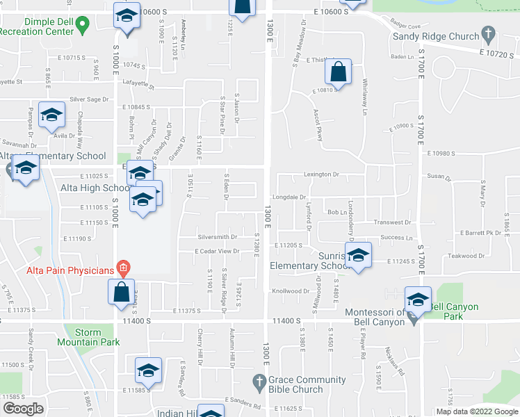 map of restaurants, bars, coffee shops, grocery stores, and more near 1287 Alta Heights Drive in Sandy
