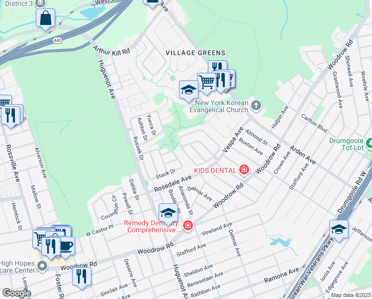 map of restaurants, bars, coffee shops, grocery stores, and more near 127 Green Valley Road in Staten Island