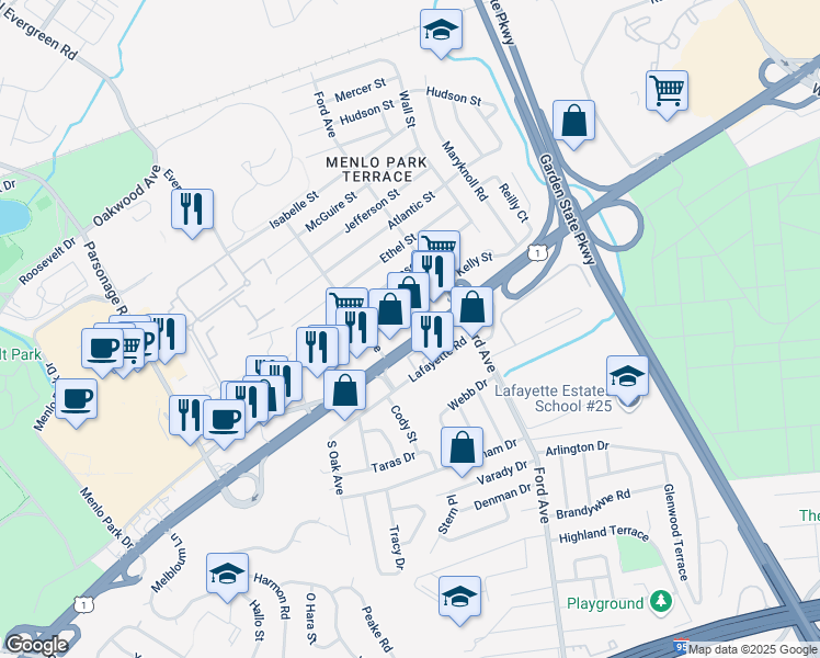 map of restaurants, bars, coffee shops, grocery stores, and more near 143 U.S. 1 in Metuchen