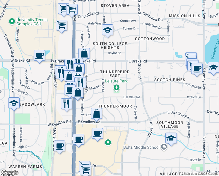 map of restaurants, bars, coffee shops, grocery stores, and more near 2755 Leisure Drive in Fort Collins