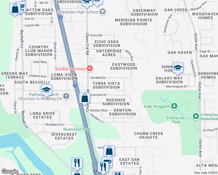 map of restaurants, bars, coffee shops, grocery stores, and more near 1063 Monterra Lane in Redding