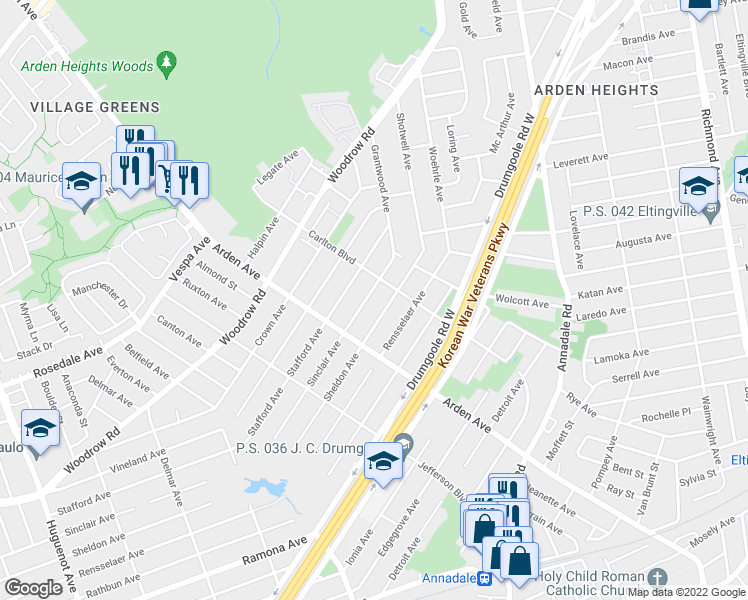 map of restaurants, bars, coffee shops, grocery stores, and more near 54 Sinclair Avenue in Staten Island