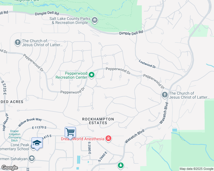 map of restaurants, bars, coffee shops, grocery stores, and more near 20 East Windsong Lane in Sandy