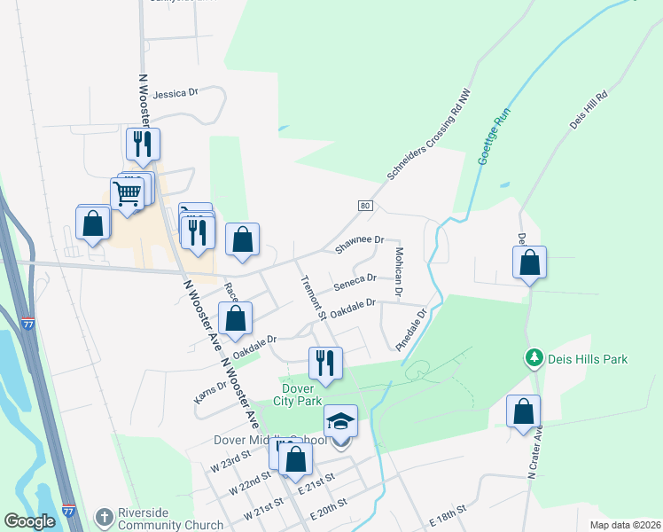 map of restaurants, bars, coffee shops, grocery stores, and more near 2717 Delaware Circle in Dover
