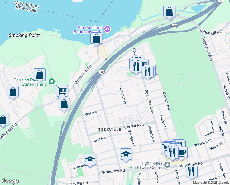 map of restaurants, bars, coffee shops, grocery stores, and more near 33 Charleston Avenue in Staten Island