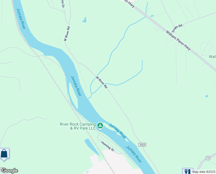 map of restaurants, bars, coffee shops, grocery stores, and more near 4130 West River Road in Mifflintown