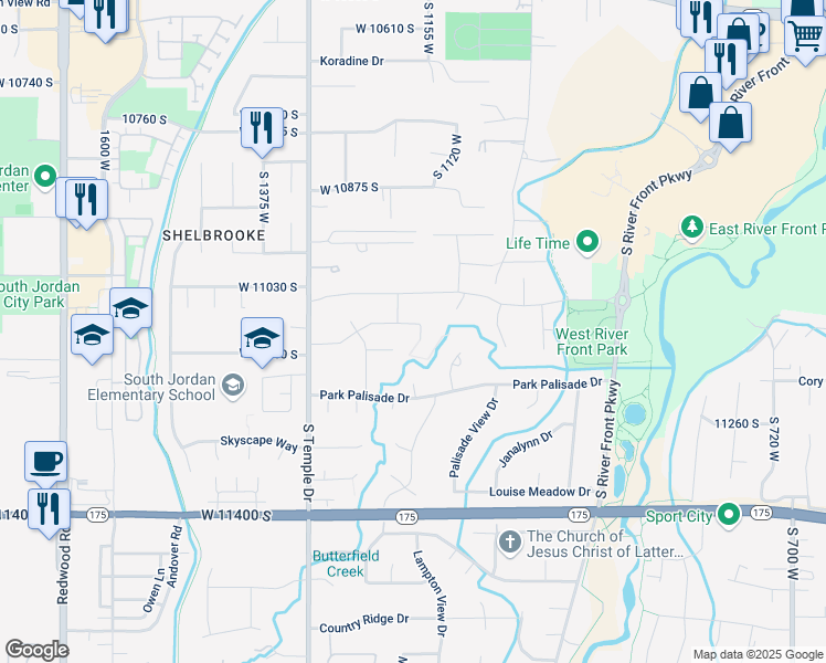 map of restaurants, bars, coffee shops, grocery stores, and more near 1187 Creek Ridge Drive South in South Jordan