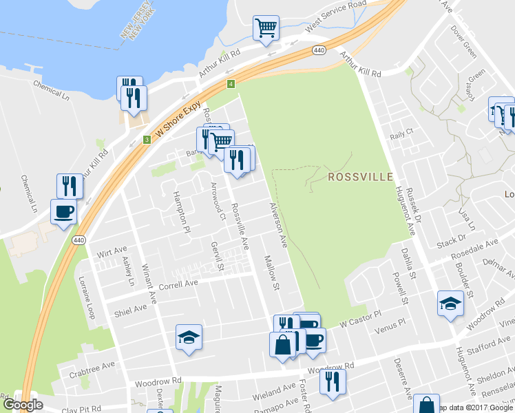 map of restaurants, bars, coffee shops, grocery stores, and more near 46 Selkirk Street in Staten Island