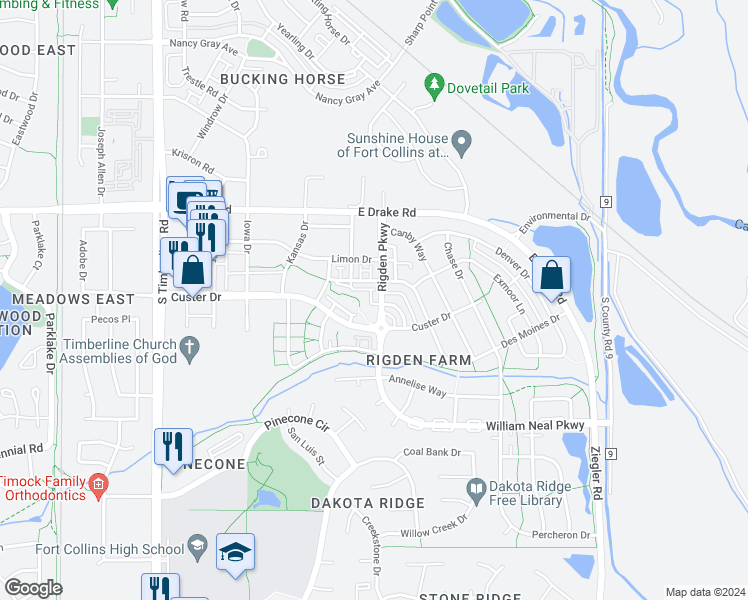 map of restaurants, bars, coffee shops, grocery stores, and more near 2821 Rigden Parkway in Fort Collins