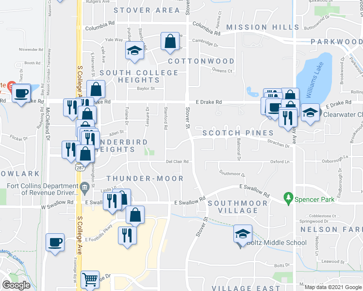 map of restaurants, bars, coffee shops, grocery stores, and more near 2825 Stover Street in Fort Collins