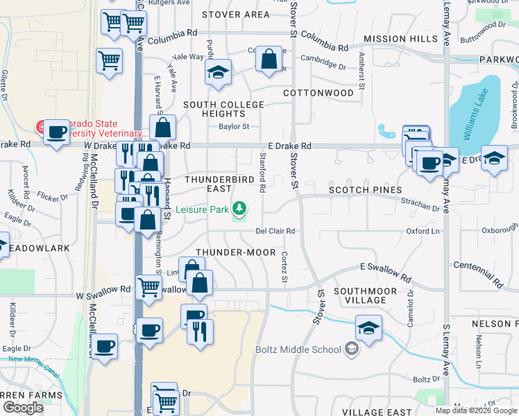 map of restaurants, bars, coffee shops, grocery stores, and more near 502 Strachan Drive in Fort Collins