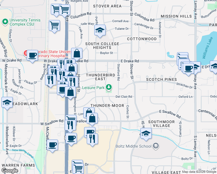 map of restaurants, bars, coffee shops, grocery stores, and more near 2748 Leisure Drive in Fort Collins