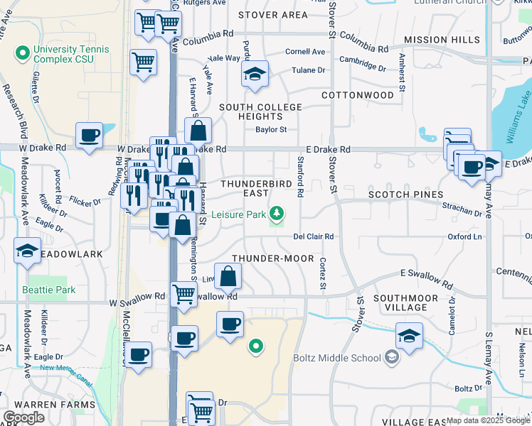 map of restaurants, bars, coffee shops, grocery stores, and more near 2749 Leisure Drive in Fort Collins