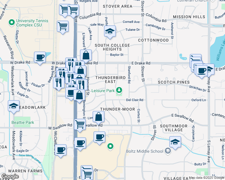 map of restaurants, bars, coffee shops, grocery stores, and more near 2749 Leisure Drive in Fort Collins