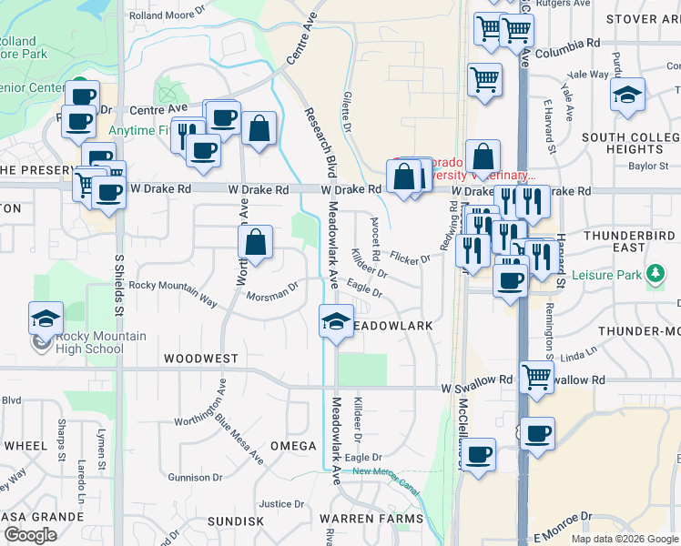 map of restaurants, bars, coffee shops, grocery stores, and more near 2804 Eagle Drive in Fort Collins