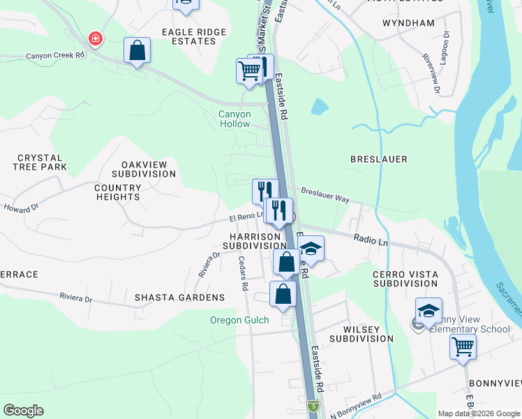 map of restaurants, bars, coffee shops, grocery stores, and more near 2211-2227 El Reno Lane in Redding