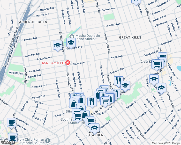 map of restaurants, bars, coffee shops, grocery stores, and more near 109 Ridgewood Avenue in Staten Island