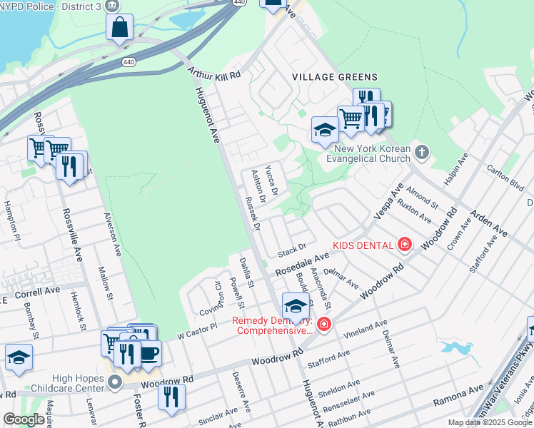 map of restaurants, bars, coffee shops, grocery stores, and more near 27 Geyser Drive in Staten Island