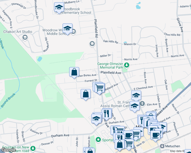 map of restaurants, bars, coffee shops, grocery stores, and more near 12 Van Buren Avenue in Metuchen
