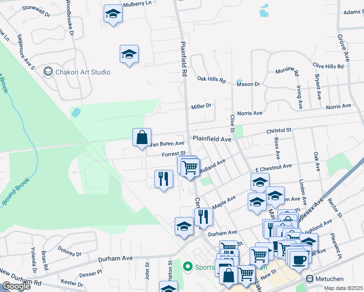 map of restaurants, bars, coffee shops, grocery stores, and more near 12 Van Buren Avenue in Metuchen