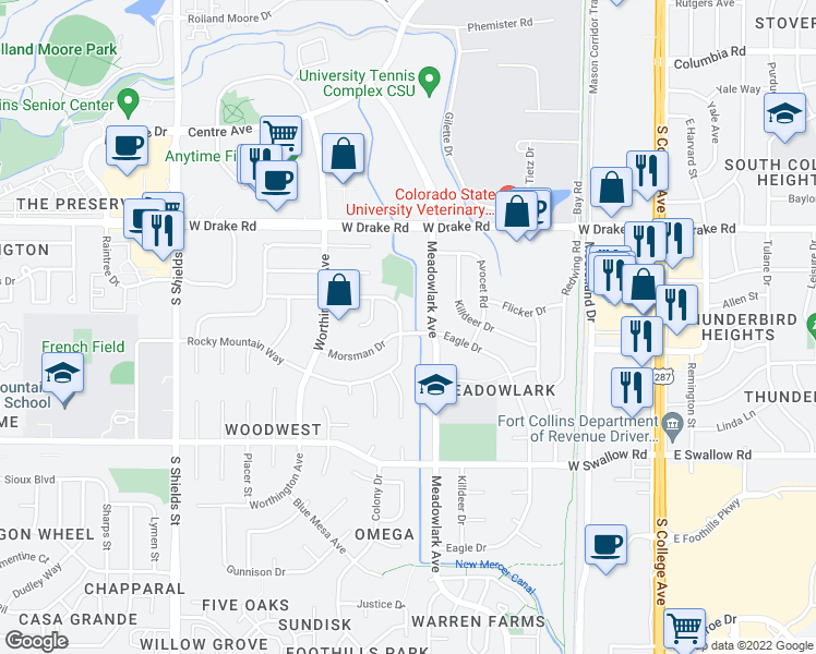 map of restaurants, bars, coffee shops, grocery stores, and more near 500 Morsman Drive in Fort Collins