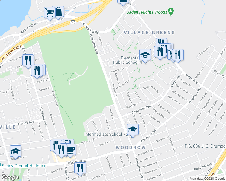map of restaurants, bars, coffee shops, grocery stores, and more near 78 Russek Drive in Staten Island