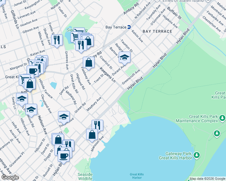 map of restaurants, bars, coffee shops, grocery stores, and more near 187 Greencroft Avenue in Staten Island