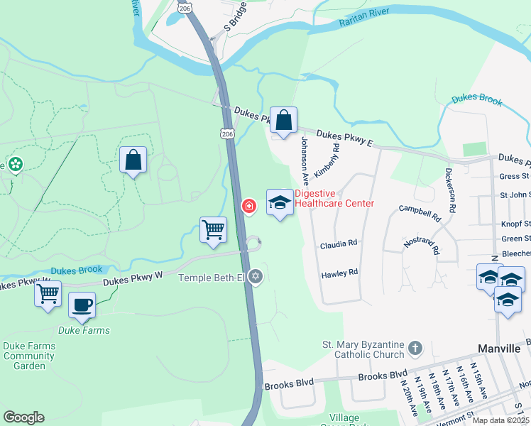 map of restaurants, bars, coffee shops, grocery stores, and more near 223 Courtyard Drive in Somerset County